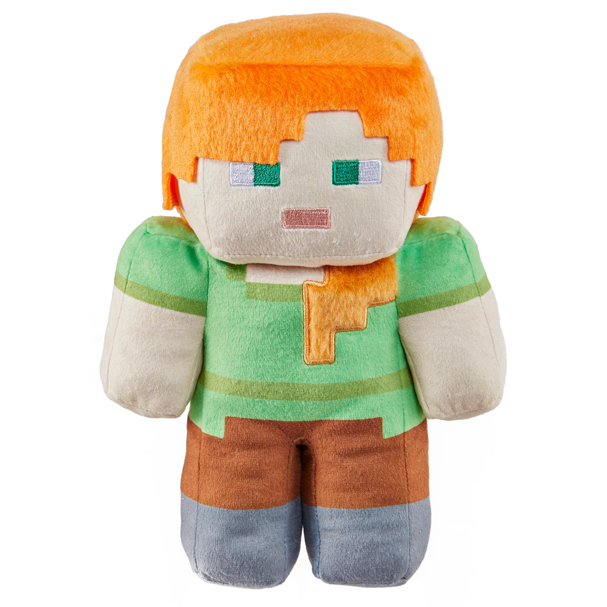 Plush minecraft toy resembling a character from a video game with orange hair and green shirt on a white background