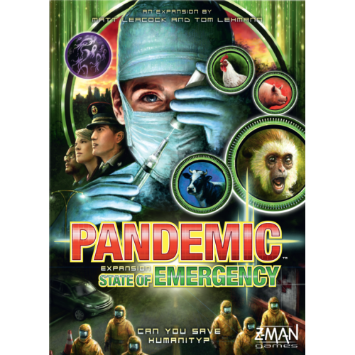Pandemic: State of Emergency game expansion box with medical personnel and animals on a green background