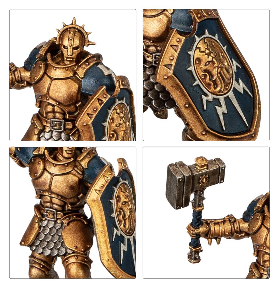 Collage of a detailed figurine in armor with a shield and weapon, featuring gold and blue colors.