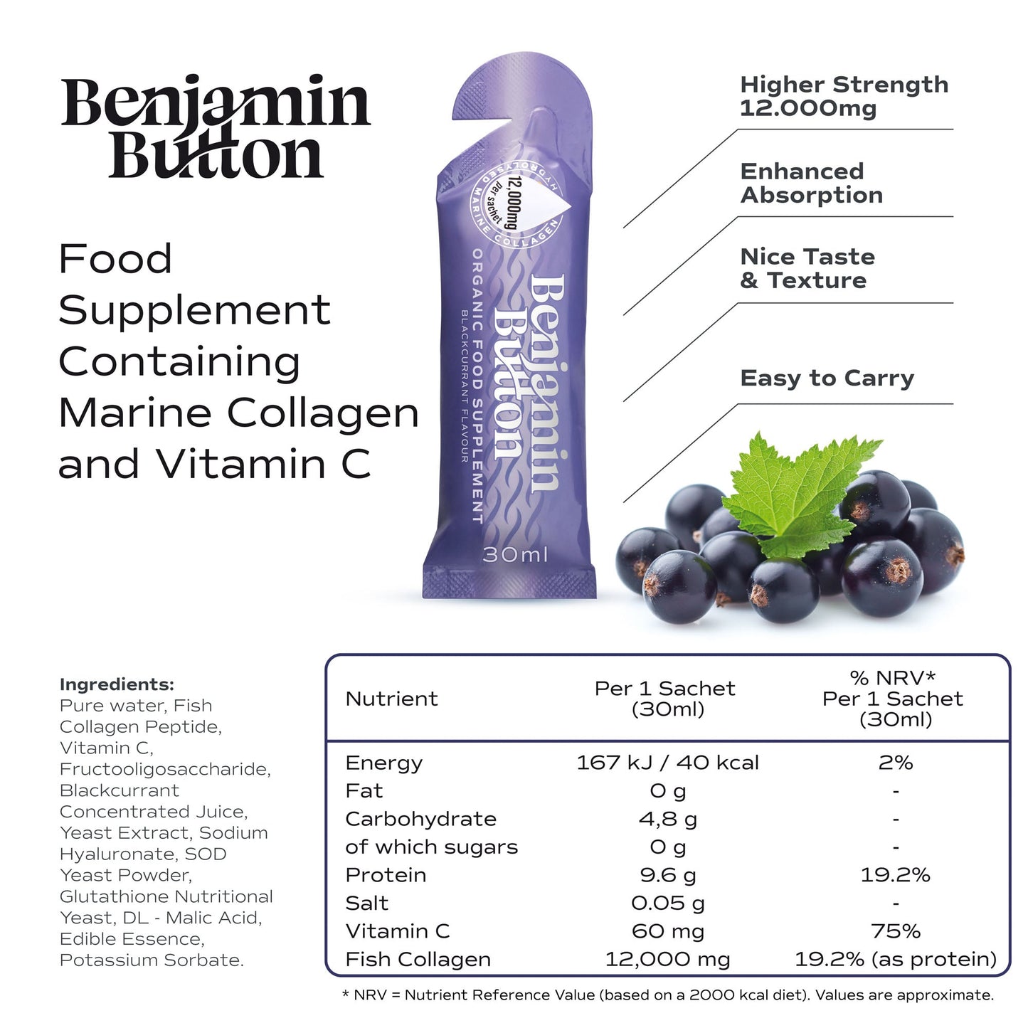 Benjamin Button food supplement packaging with ingredients and nutritional information.