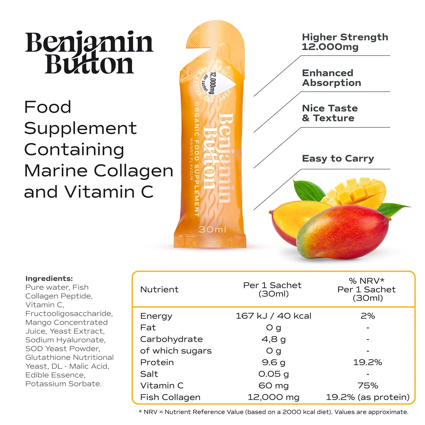 Benjamin Button food supplement packaging with ingredients and nutritional information on a white background