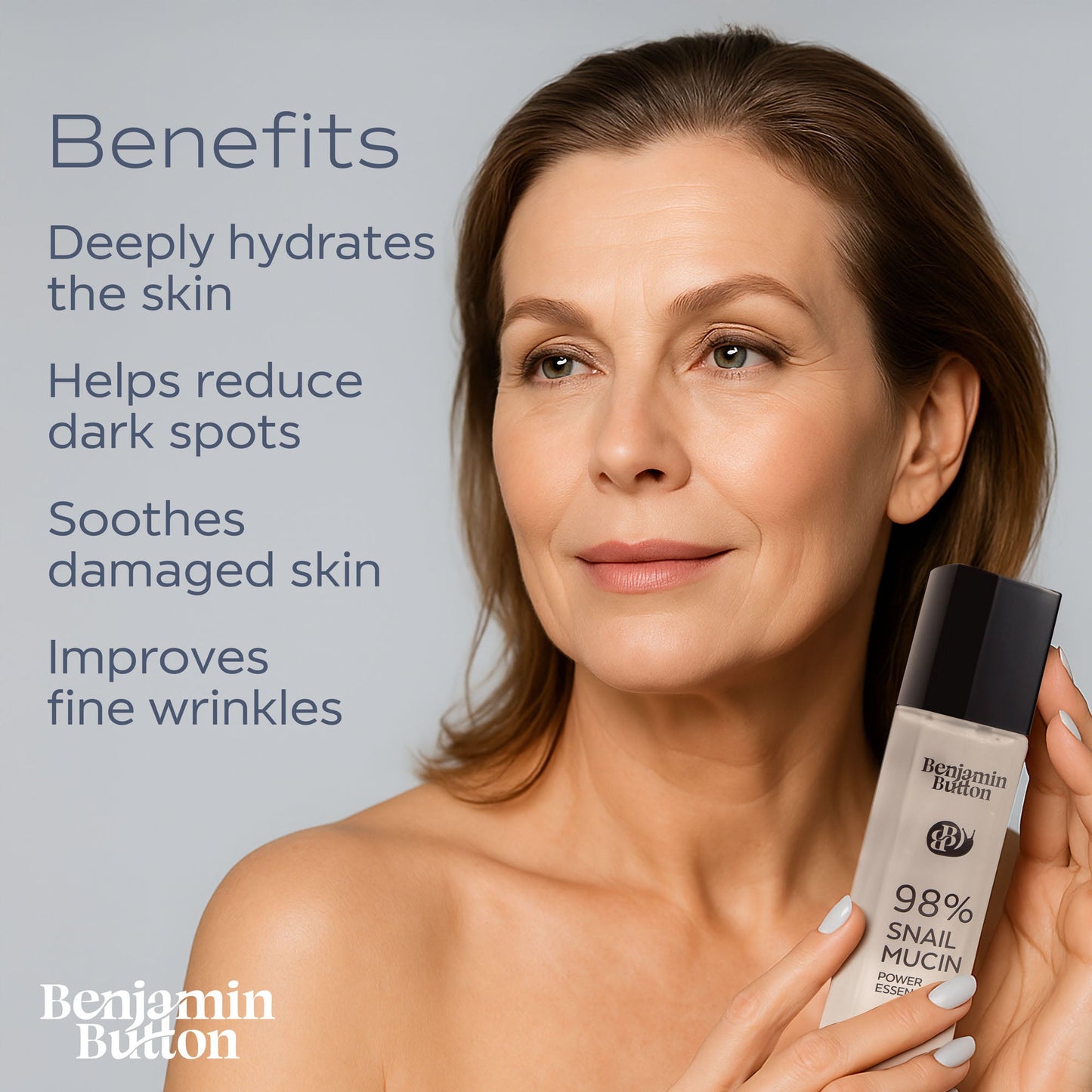 Woman holding a skincare product with text listing benefits on a gray background