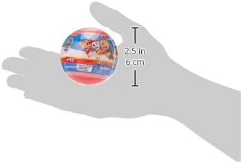 Circular product with cartoon character on a hand outline showing size