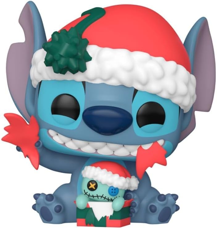 Christmas-themed Stitch figurine with Santa hat and ornaments on a white background