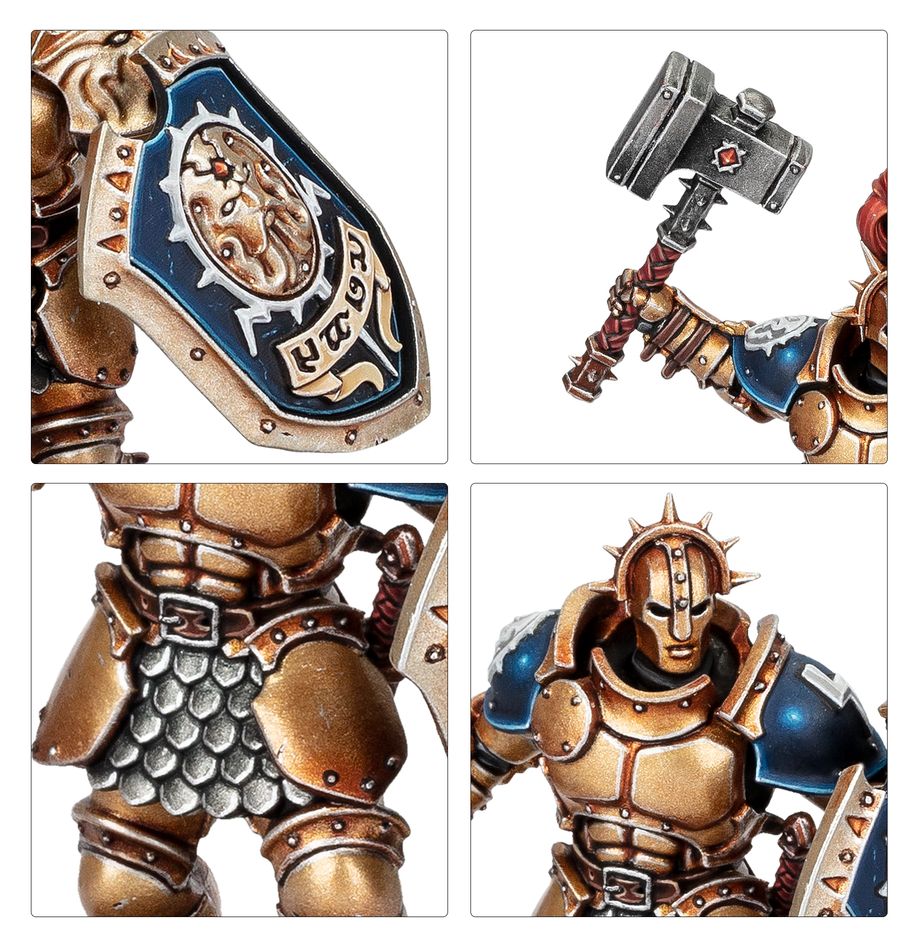 Collage of a detailed fantasy warrior figure with armor and weapon.