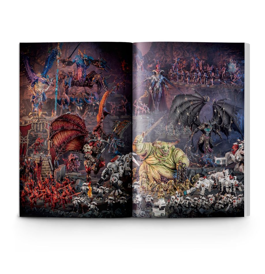 Open book displaying fantasy artwork with various creatures and characters.