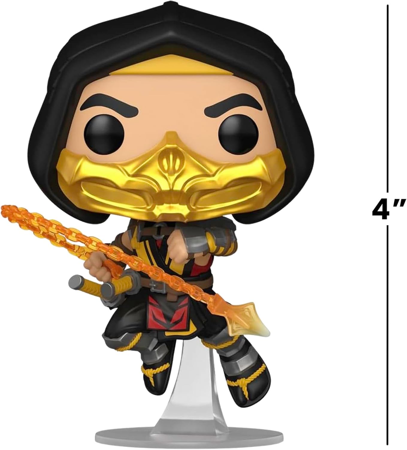 Funko Pop! vinyl figure of Scorpion with gold mask and orange weapon on a white background, with 4 inch size