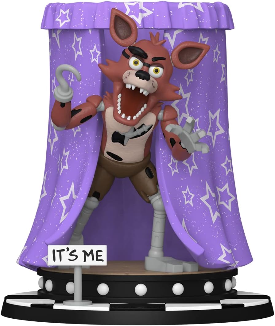 Animated character figure Foxy with a purple backdrop featuring stars, on a black base.