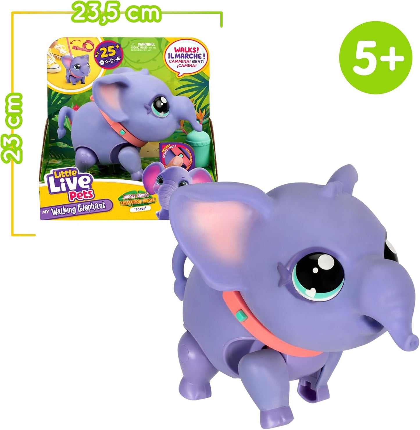 Purple toy elephant with packaging and measurement details on a white background