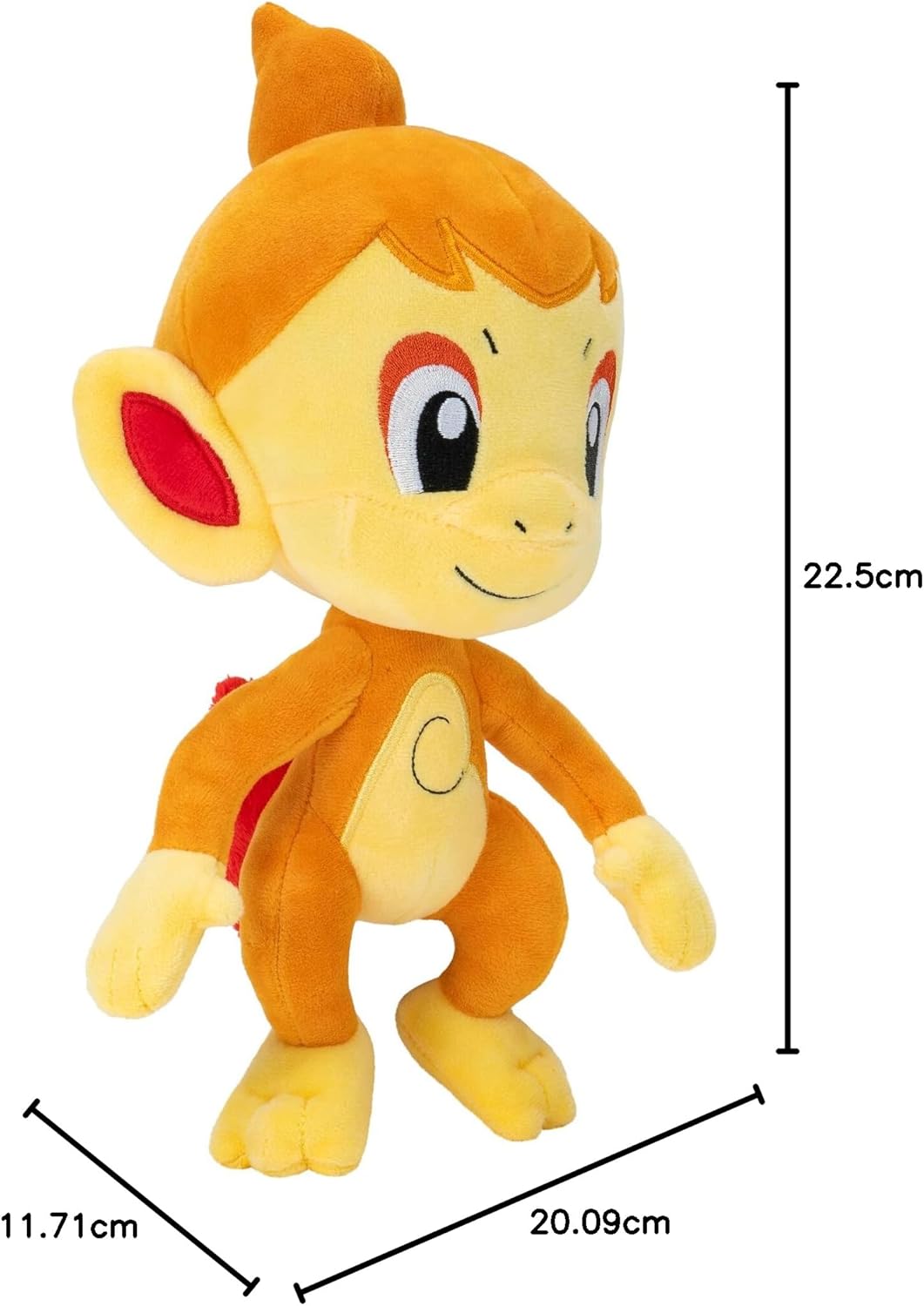 Plush monkey toy with measurements on a white background