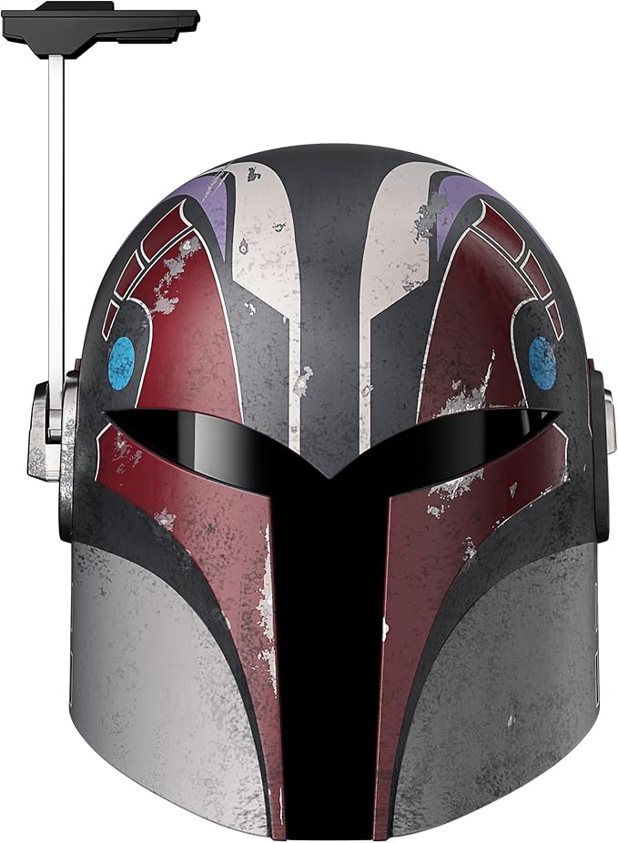 Futuristic helmet with red, black, and gray design on a white background