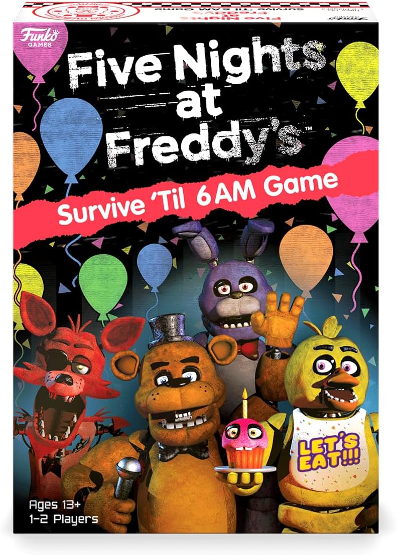 Board game box for 'Five Nights at Freddy's' with characters and balloons on a dark background