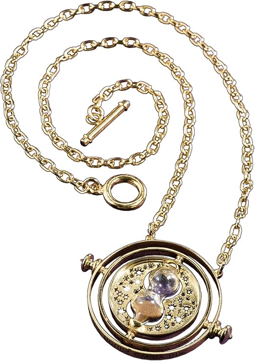 Gold necklace with a circular pendant time turner featuring a heart and star design on a white background