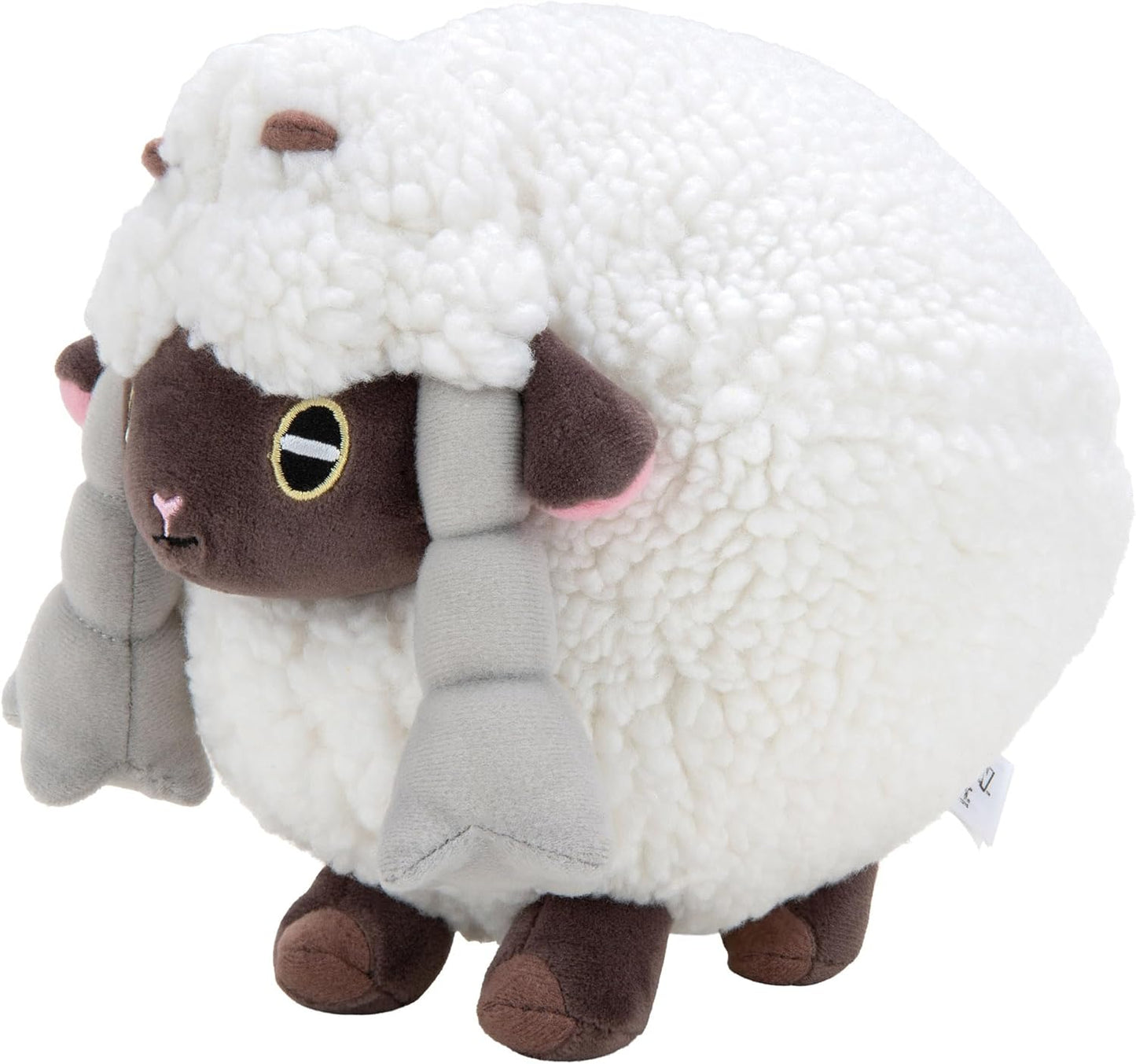 Wooloo Plush toy sheep with white fleece, brown face and legs on a white background