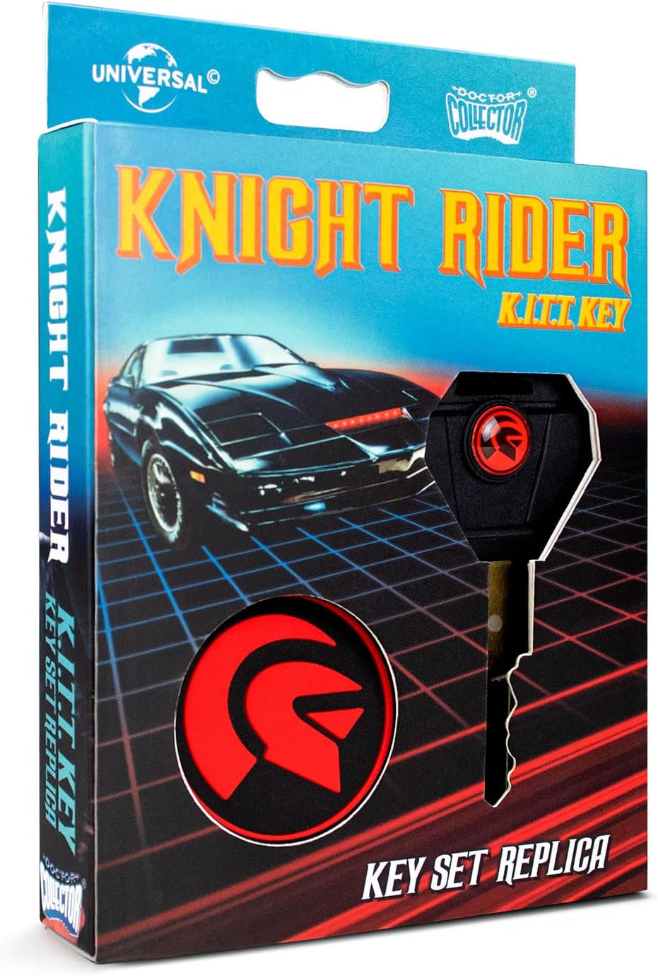 Boxed key set replica of Knight Rider with car and key illustration on a blue and red grid background.