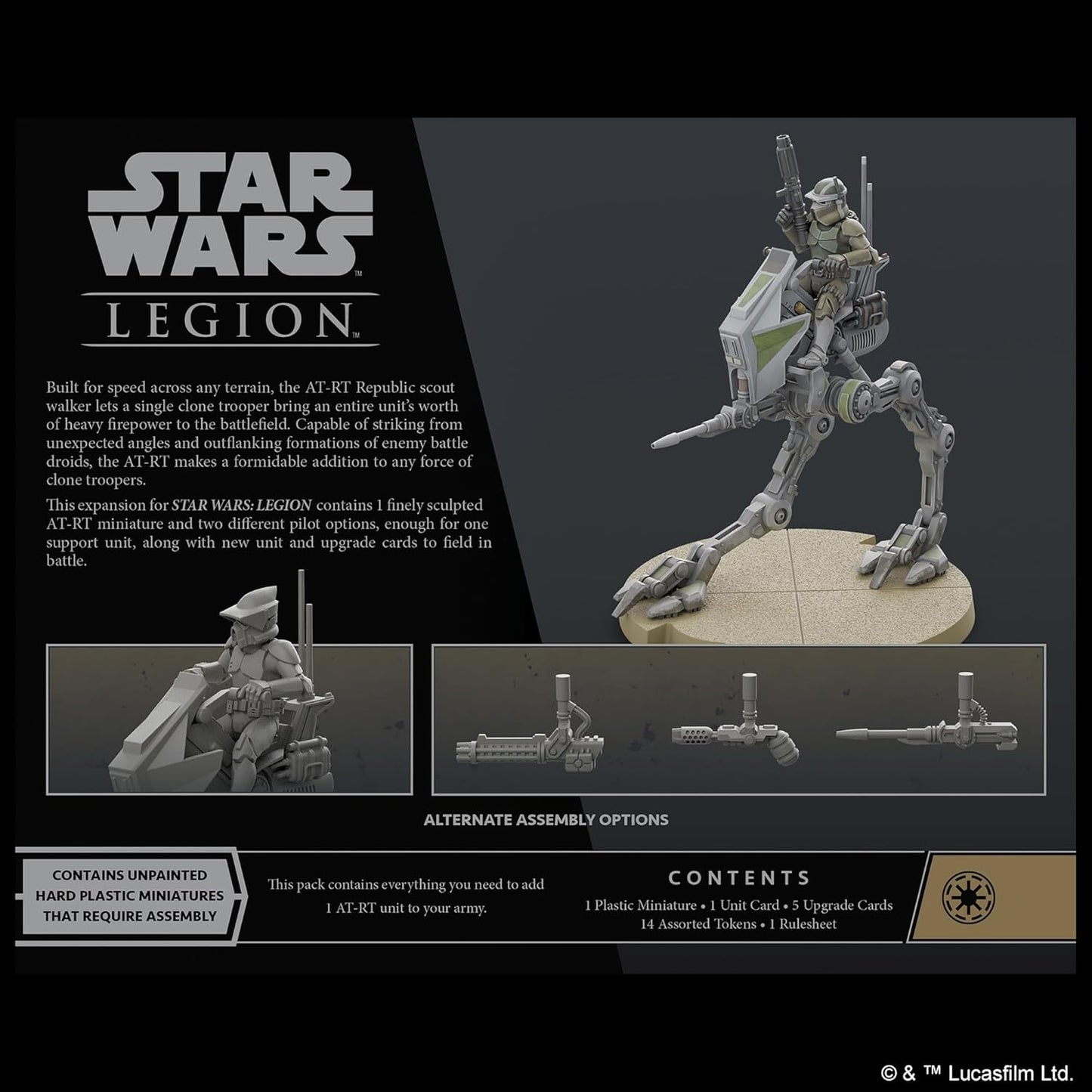 Star Wars Legion AT-RT Republic scout walker model with packaging details.
