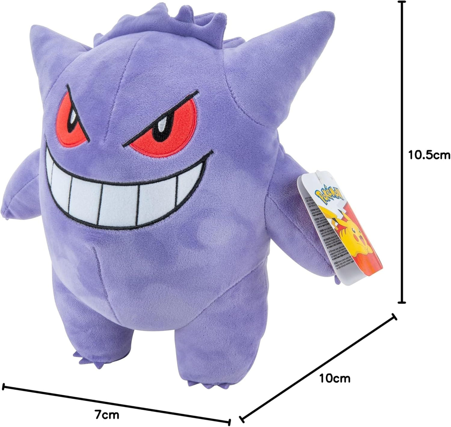 Pokemon Gengar plush toy with red eyes and a tag, shown with measurements on a white background