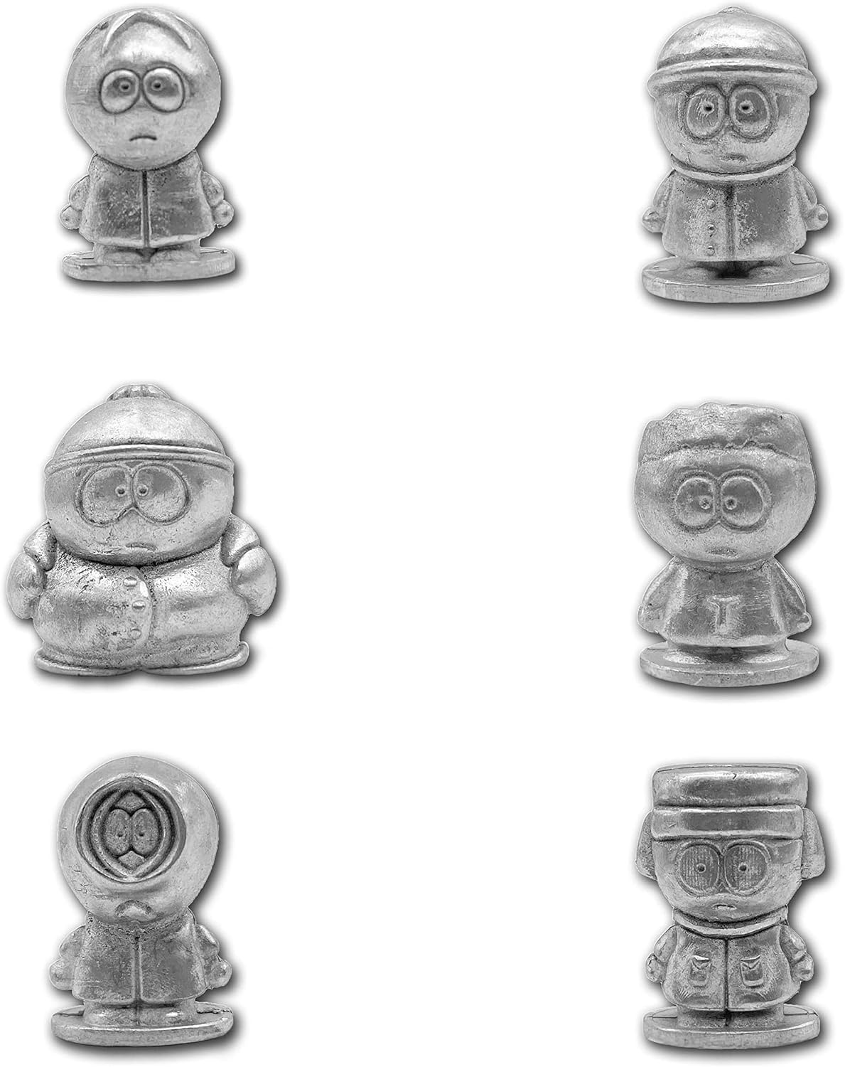 Set of six metallic figurines with different poses on a white background