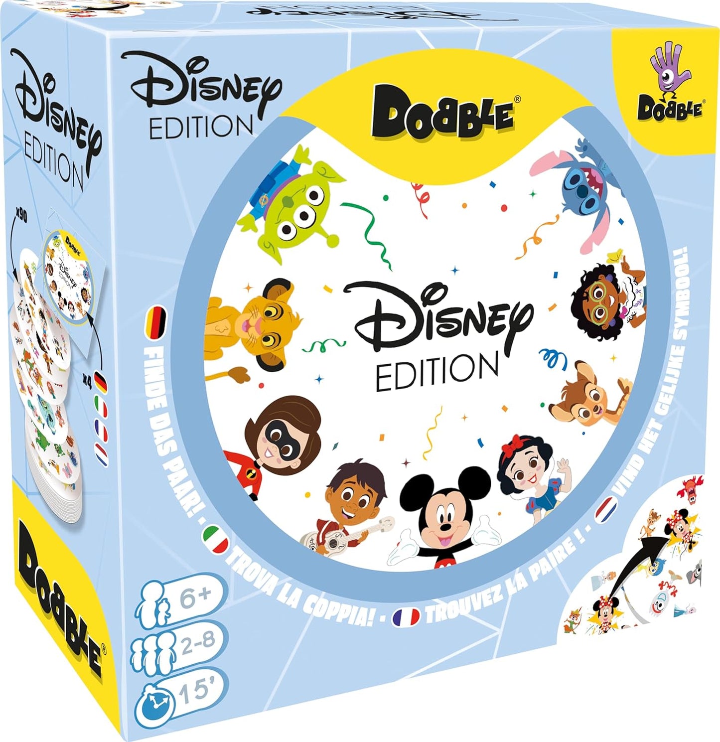 Disney Edition Dobble game box with cartoon characters on a white background