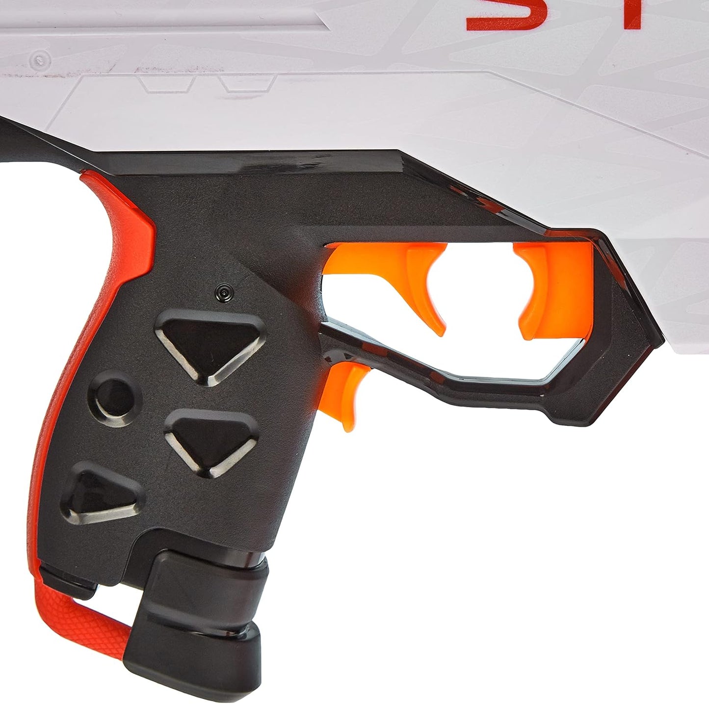 Close-up of a black and orange gun grip with a white background