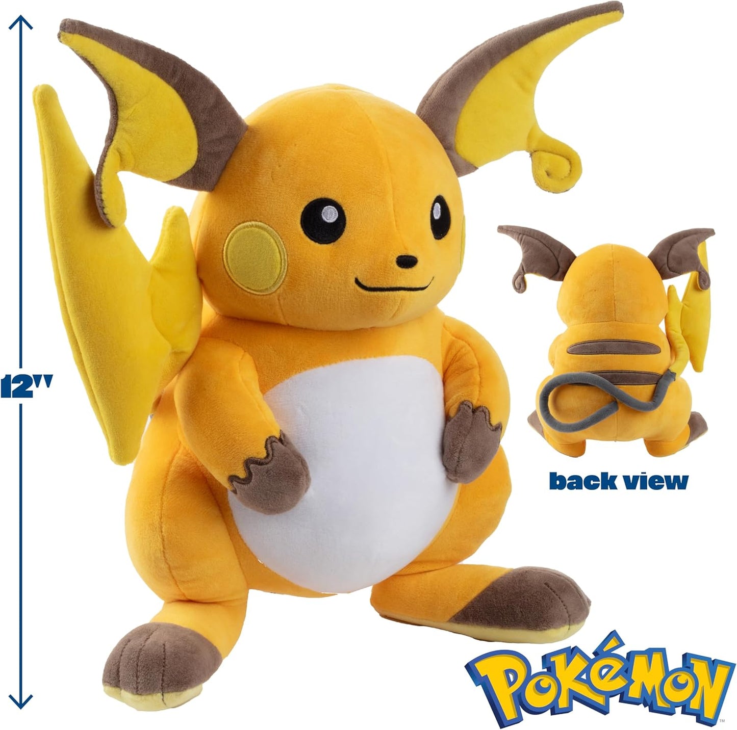 Plush toy of a yellow and brown creature with bat-like wings, labeled '12"' and 'back view', on a white background with 'Pokémon' logo.