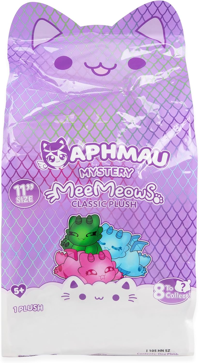 Purple packaging of a plush toy with cartoon characters and text