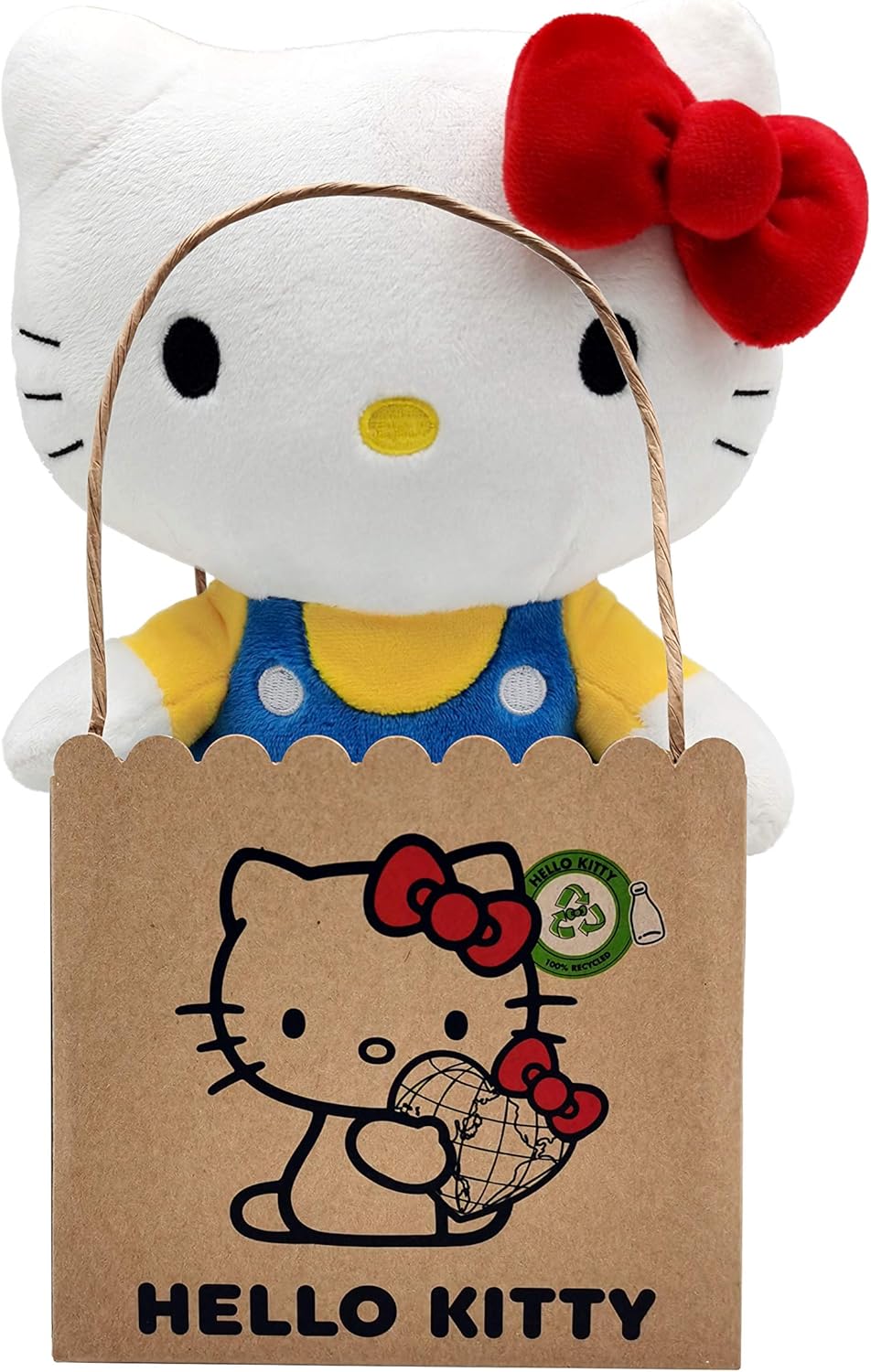 Hello Kitty plush toy with a brown paper bag featuring Hello Kitty illustration