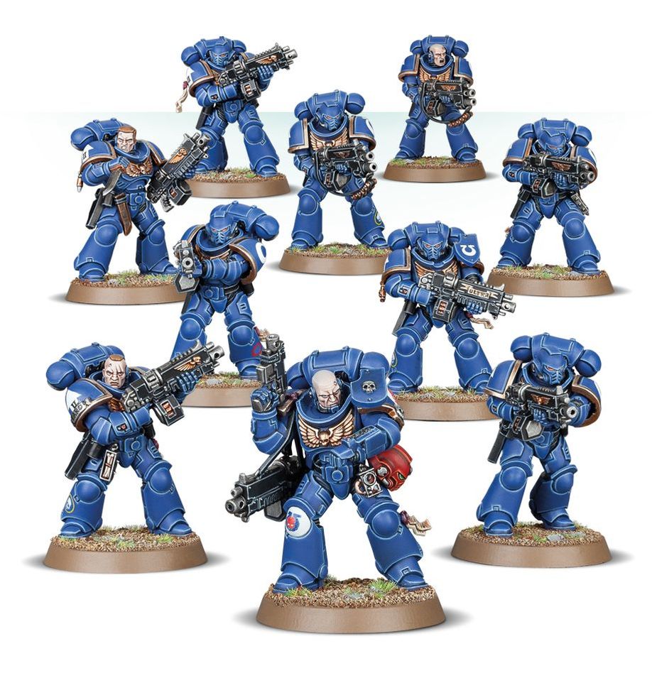 Collection of blue-armored figurines on a white background