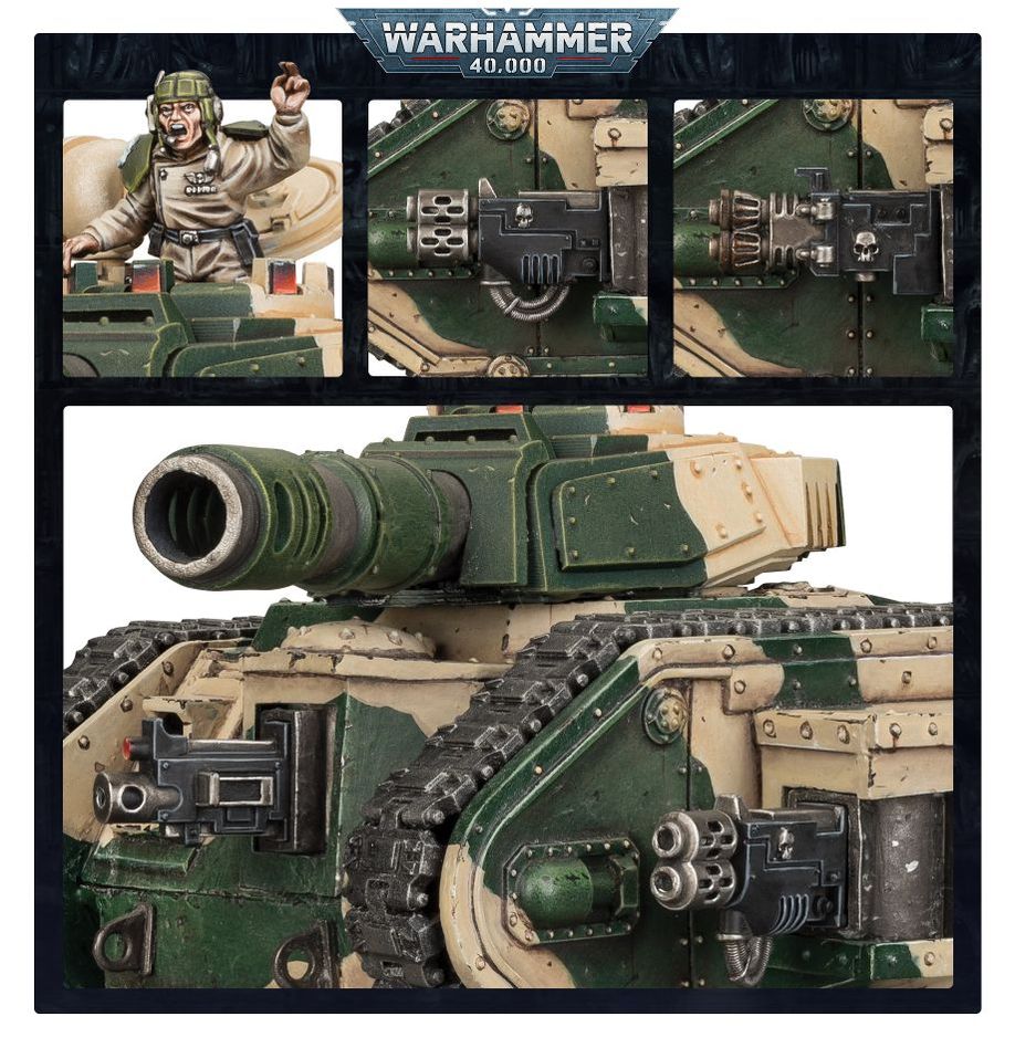 Warhammer 40,000 model kit with detailed views and a figure on a black background.