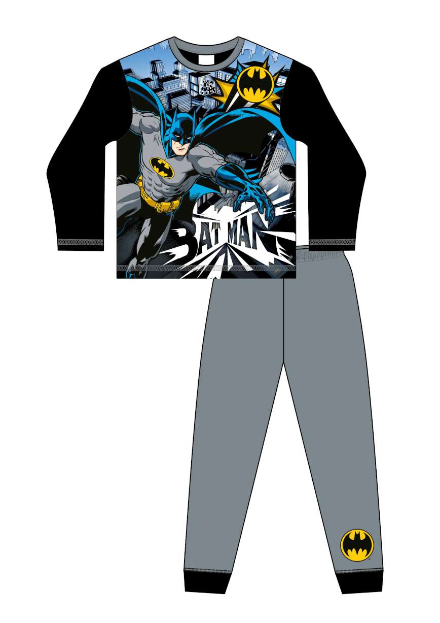 Batman-themed pajama set with long-sleeve top and pants on a white background