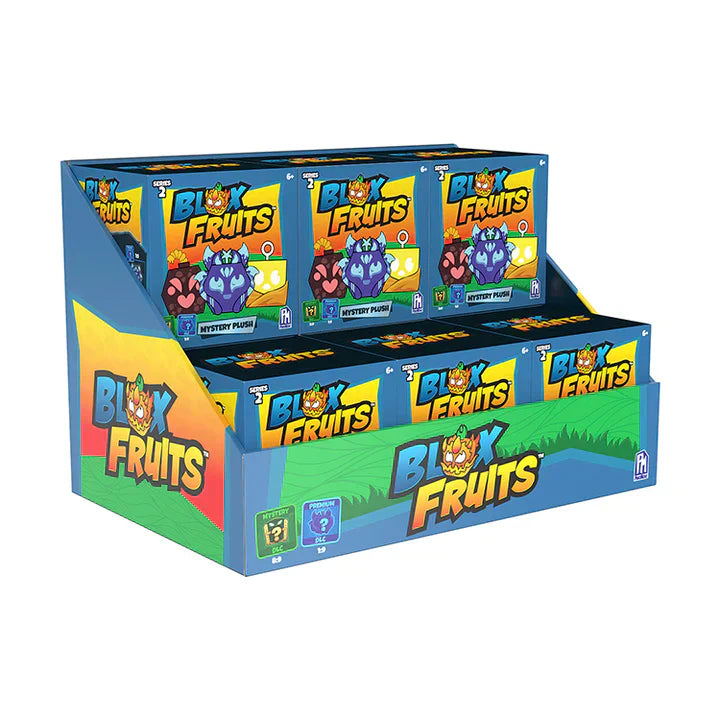 Display box of Blux Fruits toys with colorful packaging.