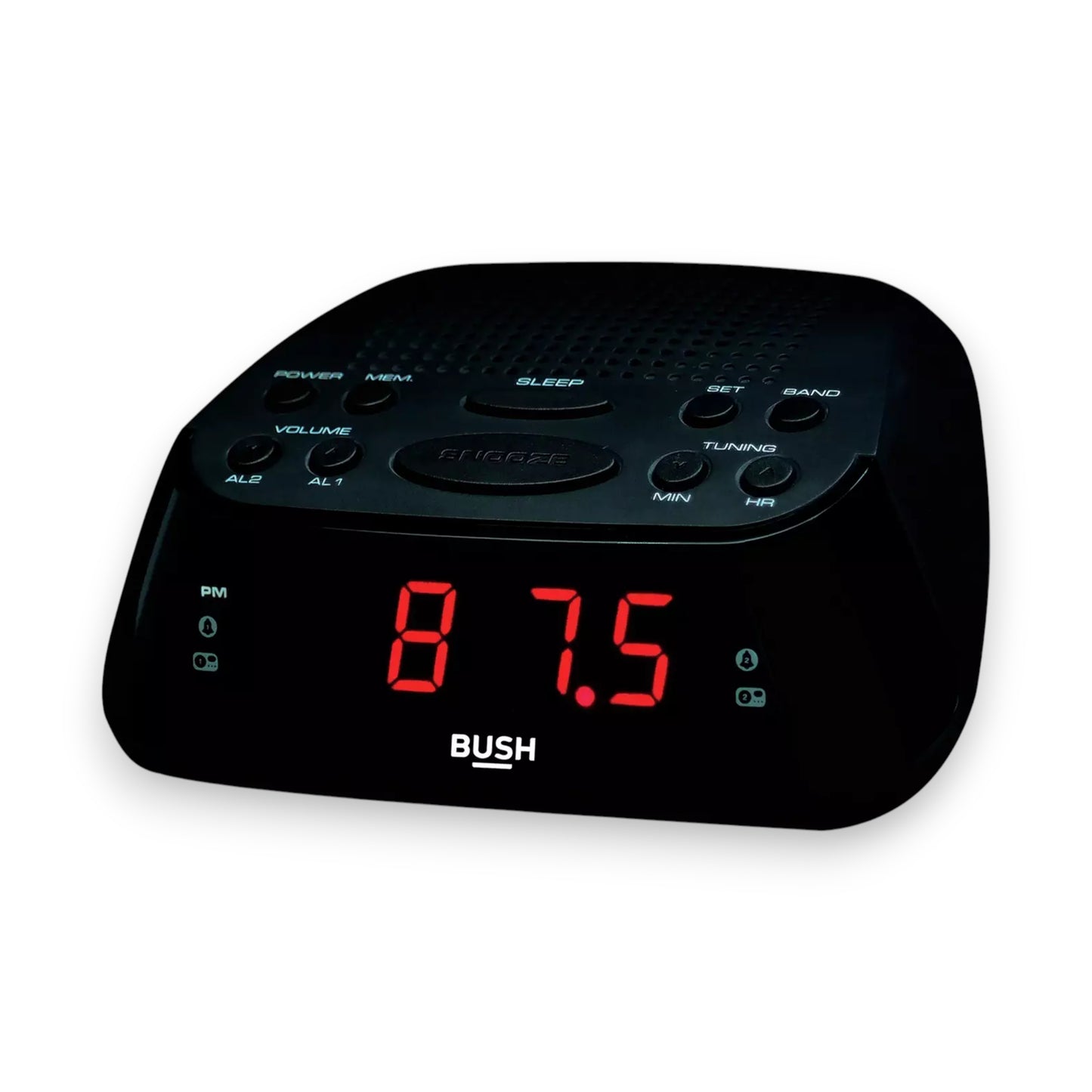 Bush Radio Alarm Clock in sleek black. Dual alarms, FM/AM radio & snooze function. Compact, easy-to-use design. Shop now at New, Used and More!
