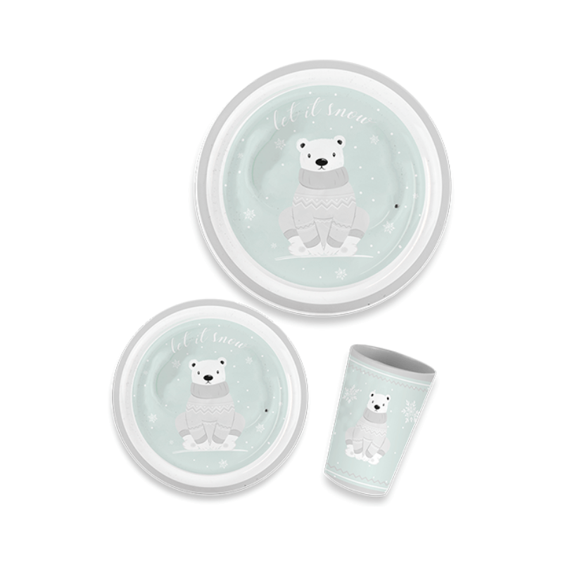 Children's tableware set with polar bear design on a white background