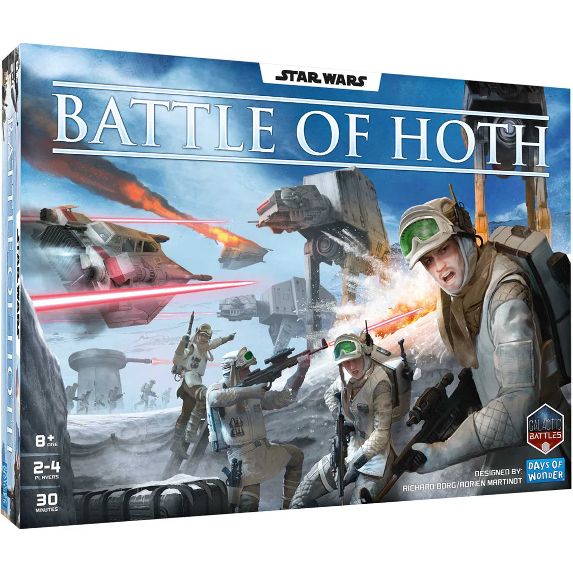 Board game box for 'Star Wars: Battle of Hoth' with characters and vehicles on a snowy landscape.
