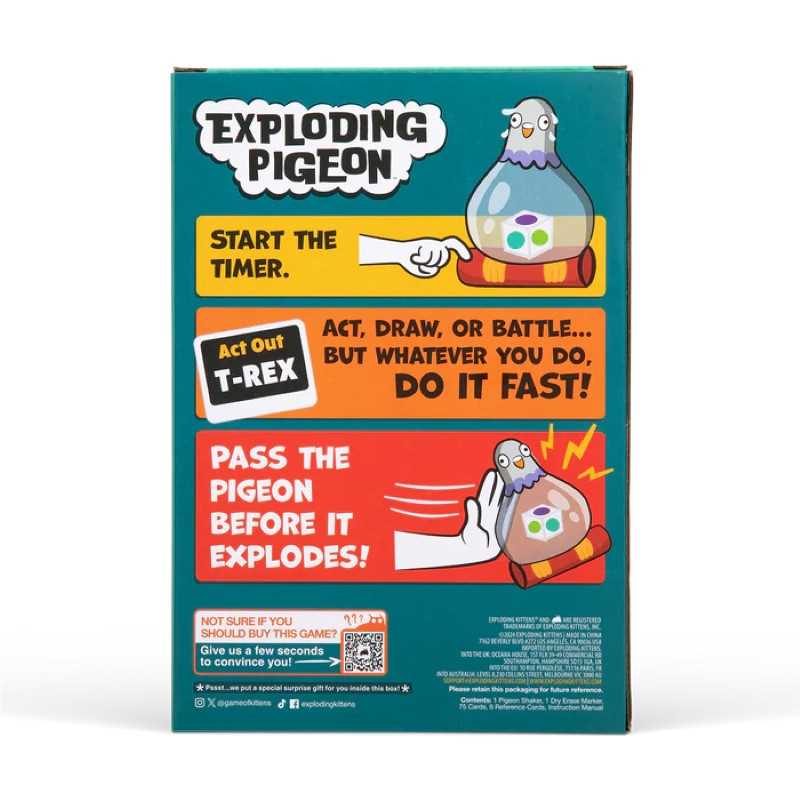 Game box for 'Exploding Pigeon' with colorful design and text instructions.