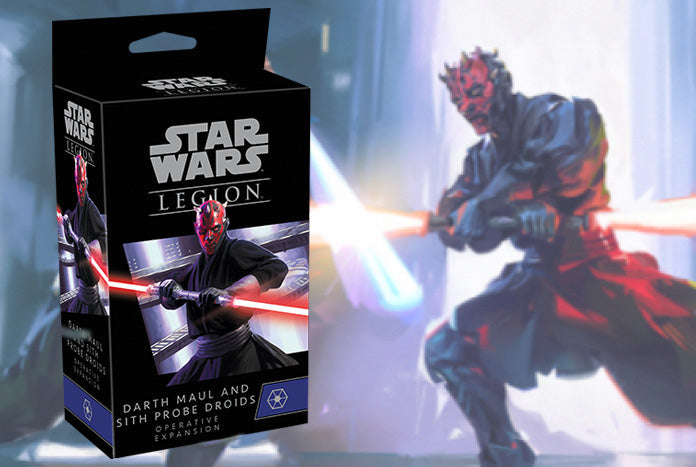 Star Wars Legion game expansion box with Darth Maul and 51st Probe Droids on a blurred background