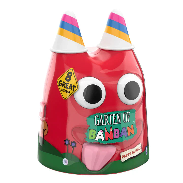 Red toy package with cartoon face, colorful hat, and 'Garten of Banban' branding on a white background.