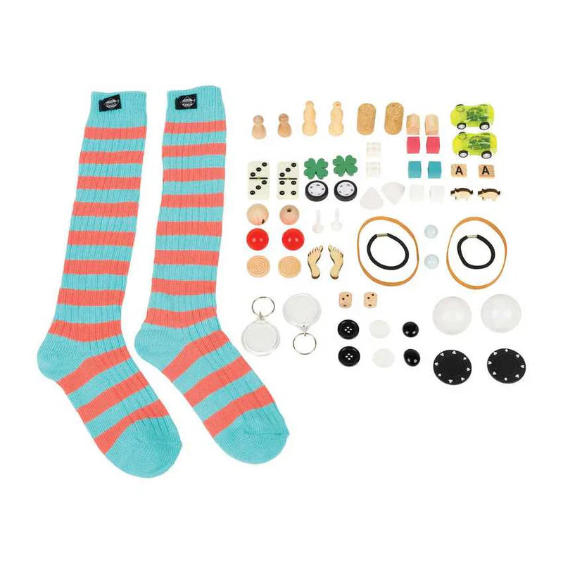 Sock Game, Turquoise and pink striped socks with various accessories on a white background