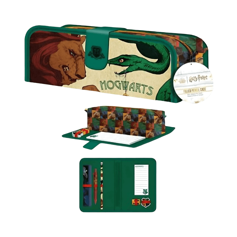 Green pencil case with Harry Potter design featuring Hogwarts logo and dragon illustration.
