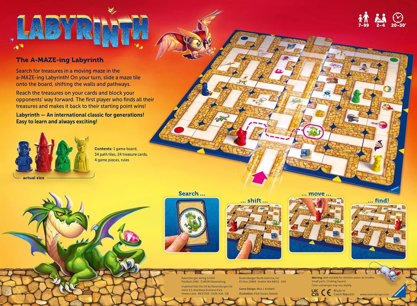 Board game packaging for 'Labyrinth' with dragons and maze layout.