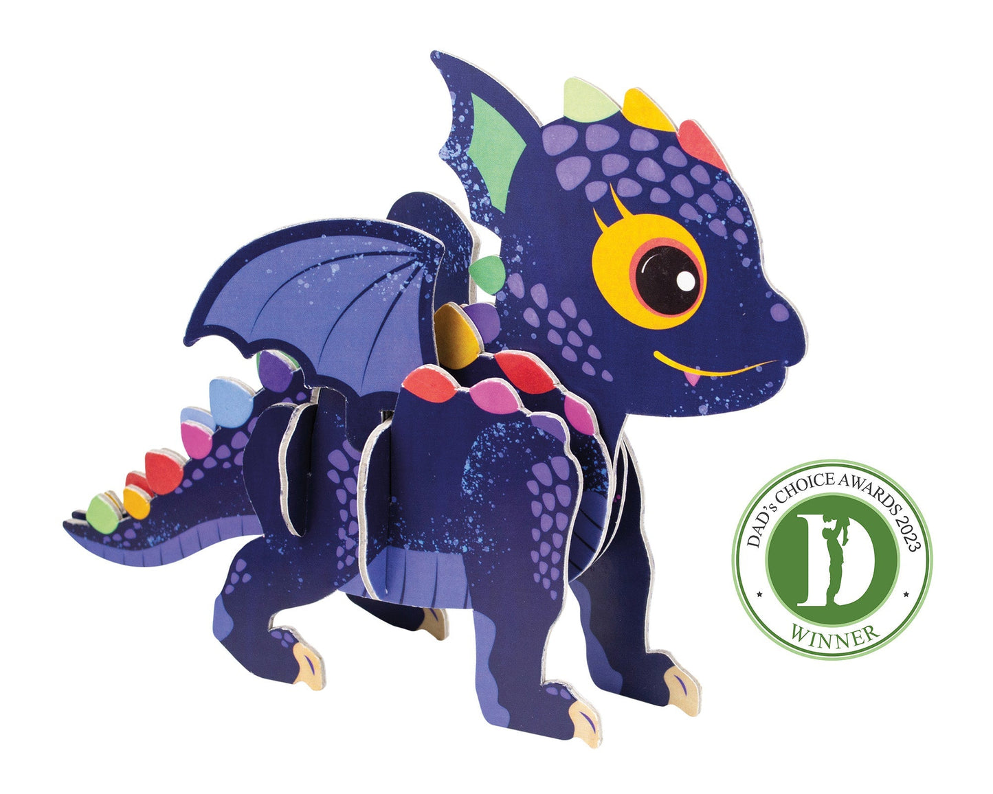 Colorful dragon toy with a 'Daddy Choice Awards 2023 Winner' badge on a white background
