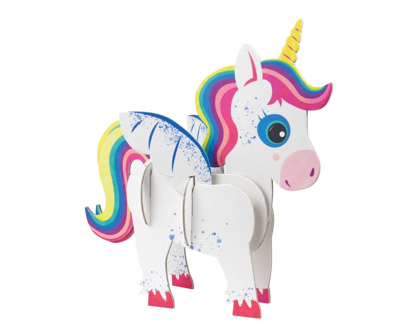 Colorful unicorn toy with a rainbow mane on a white background