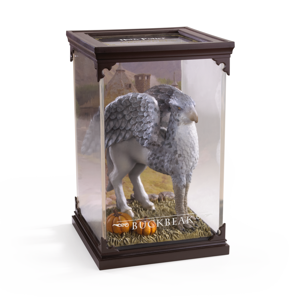 Model of a buckbeak in a display case with a white background