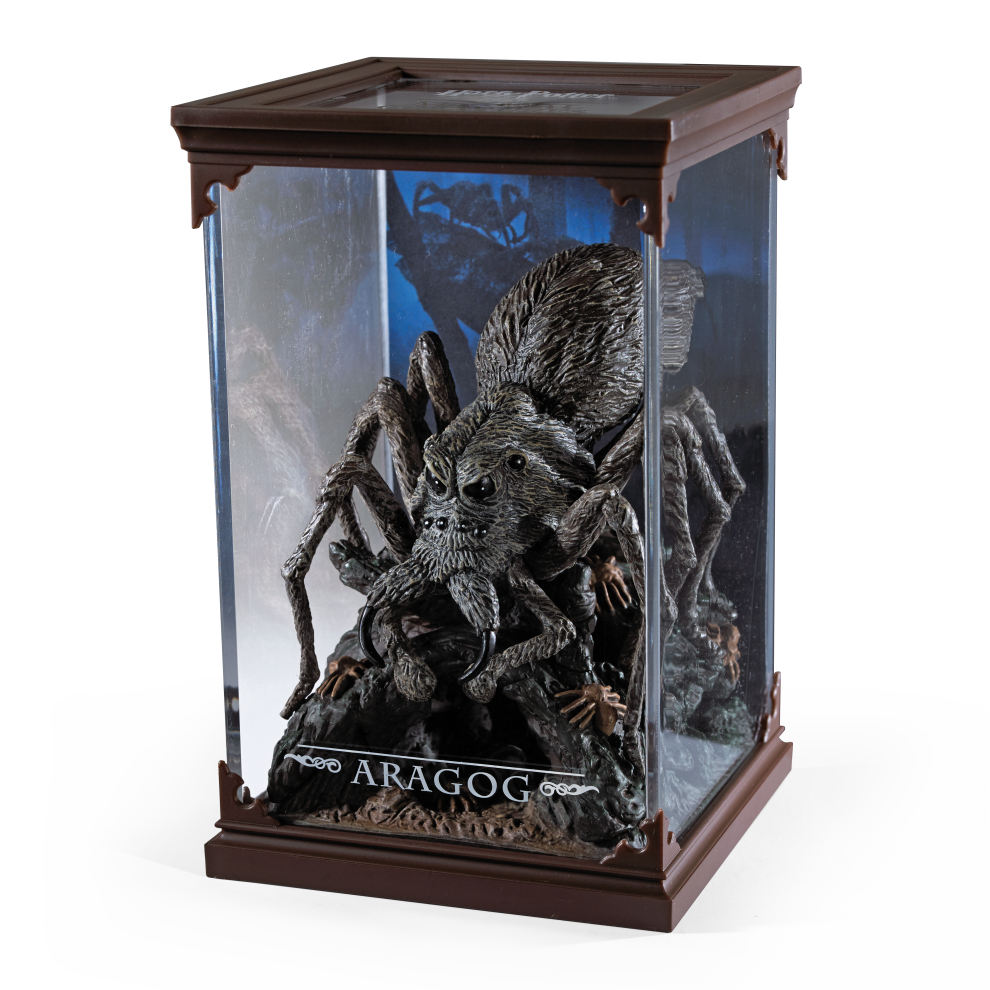 Spider figurine in a glass display case with 'Aragog' branding on a white background