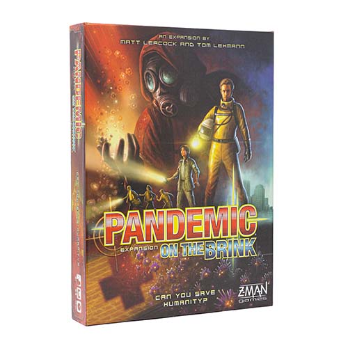 Board game expansion box titled 'Pandemic: On the Brink' with characters in hazmat suits on a white background.