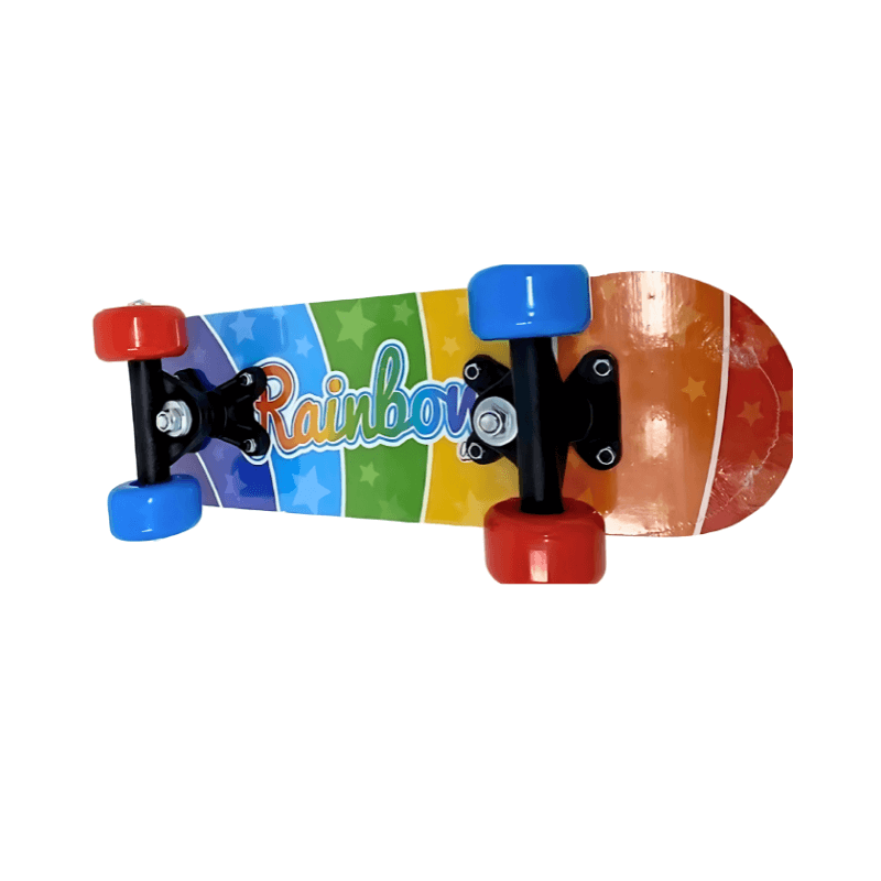 Colourful skateboard with rainbow design and 'Rainbow' text on a white background