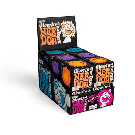 Display box of Glow In The Dark Nee Doh candy on a white background