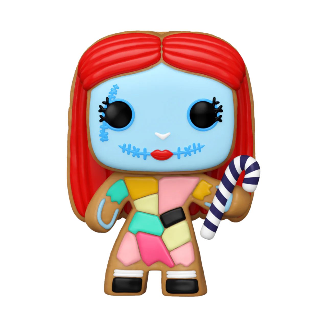 Sally, A Colorful figurine with red hair and skeleton face holding a candy cane on a white background
