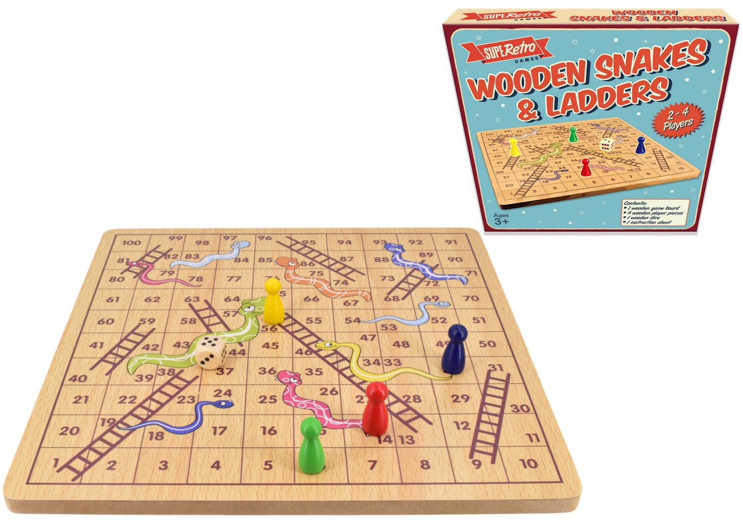 Wooden Snakes and Ladders game set with pieces and box on a white background