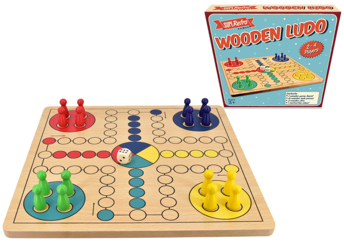 Wooden Ludo game set with pieces and packaging on a white background